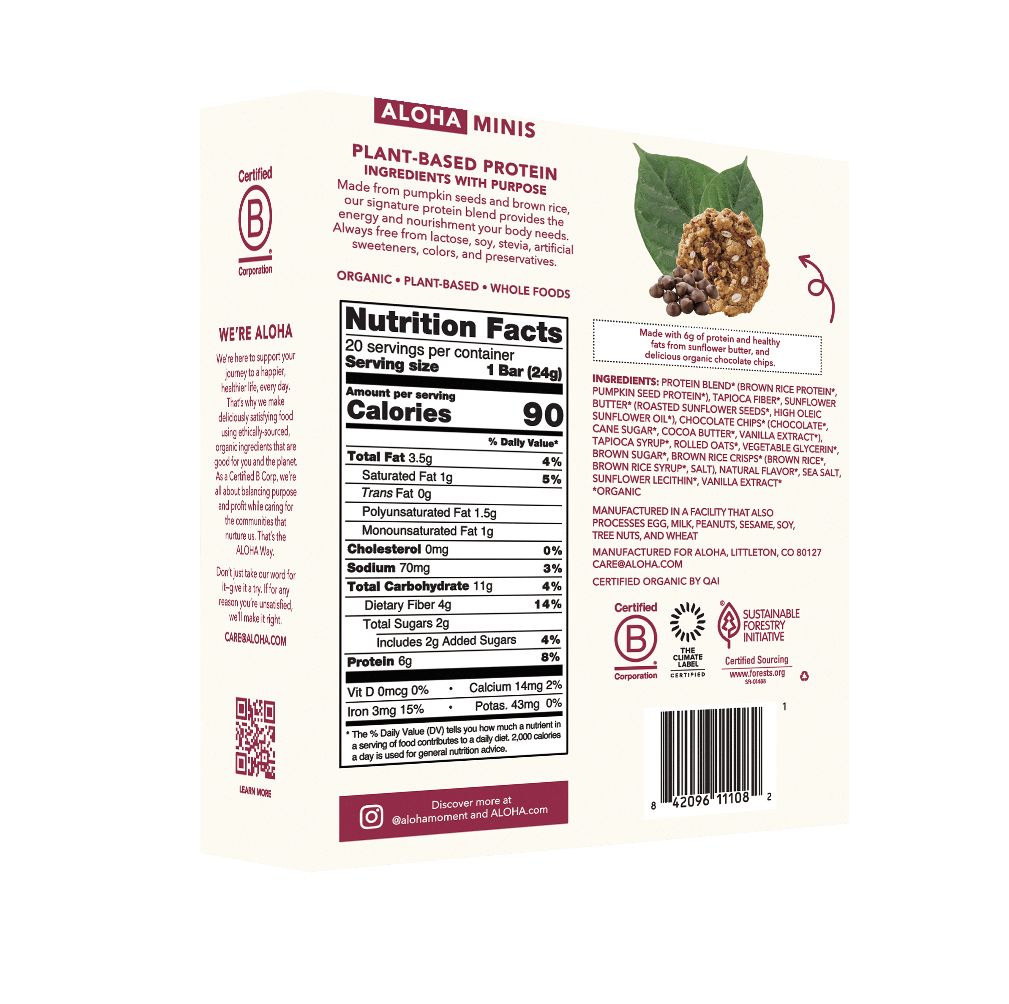 ALOHA, Plant Based Protein, Mini Bars, Oatmeal Chocolate Chip (Pack of 20)
