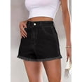 thumbnail image 6 of EMMIOL Women's High-Mid Waisted Stretch Denim Jean Shorts Frayed Raw Hem Solid Casual Boyfriend Y2K Curvy Jorts, 6 of 7