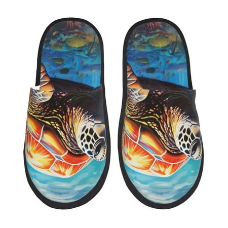 Balery Colorful Underwater Sea Turtle Slient Indoor Furry Fleece Comfort House Shoes Soft Non-Slip Home Shoes Cotton slippers House Slippers-- Medium
