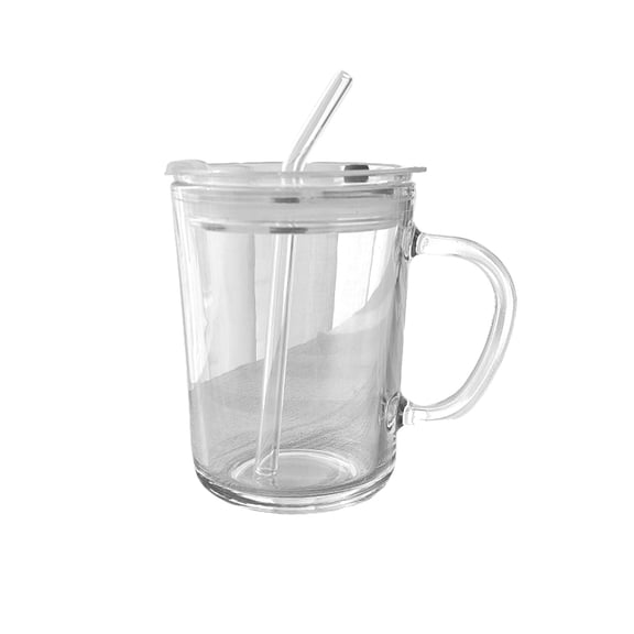 Partheme 400ml Glass Water Cup with Handle Lid and Glass Straw, Lead Free Beverage Cup for Coffee Tea Cold Drink, Home Office Outdoor Drinking, B