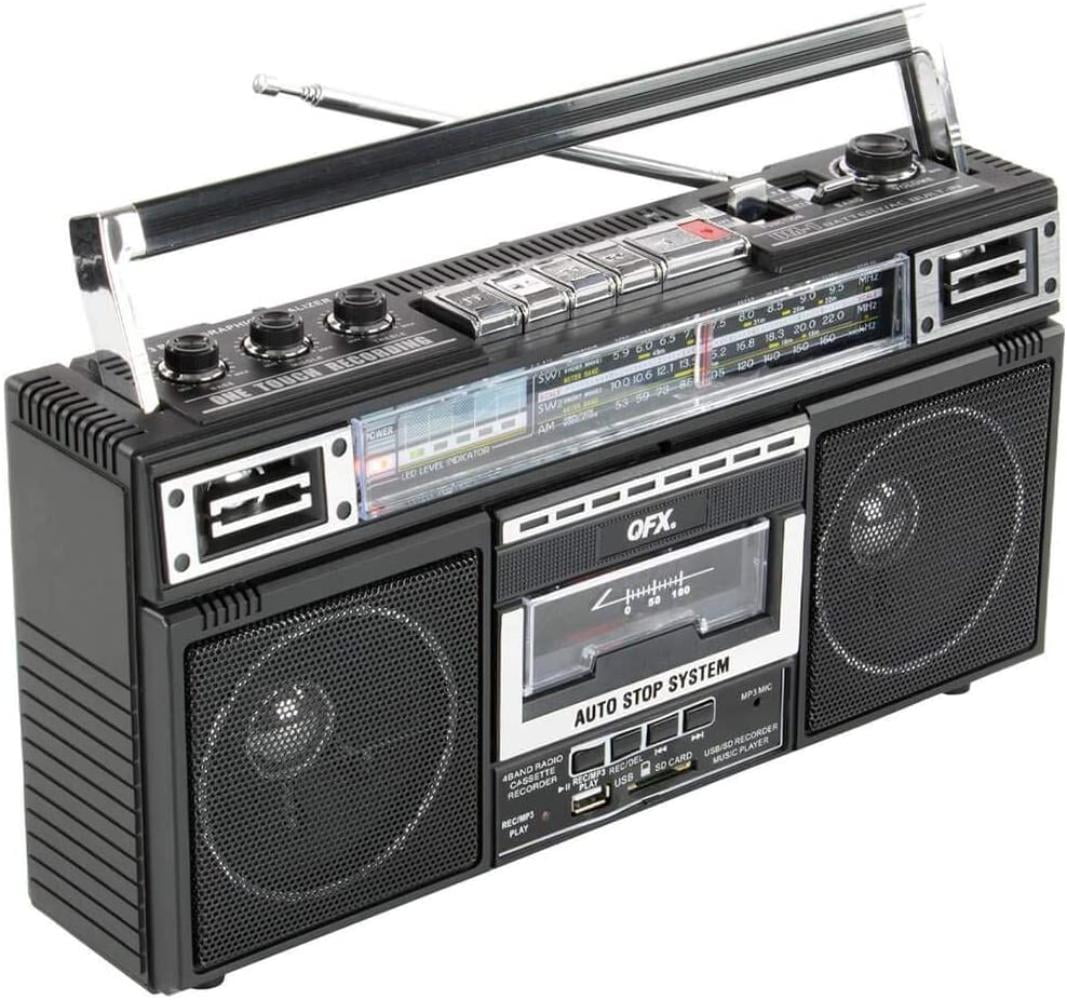 QFX J-220BT ReRun x Cassette Player Boombox with 4-Band Radio and Bluetooth MP3 Converter 