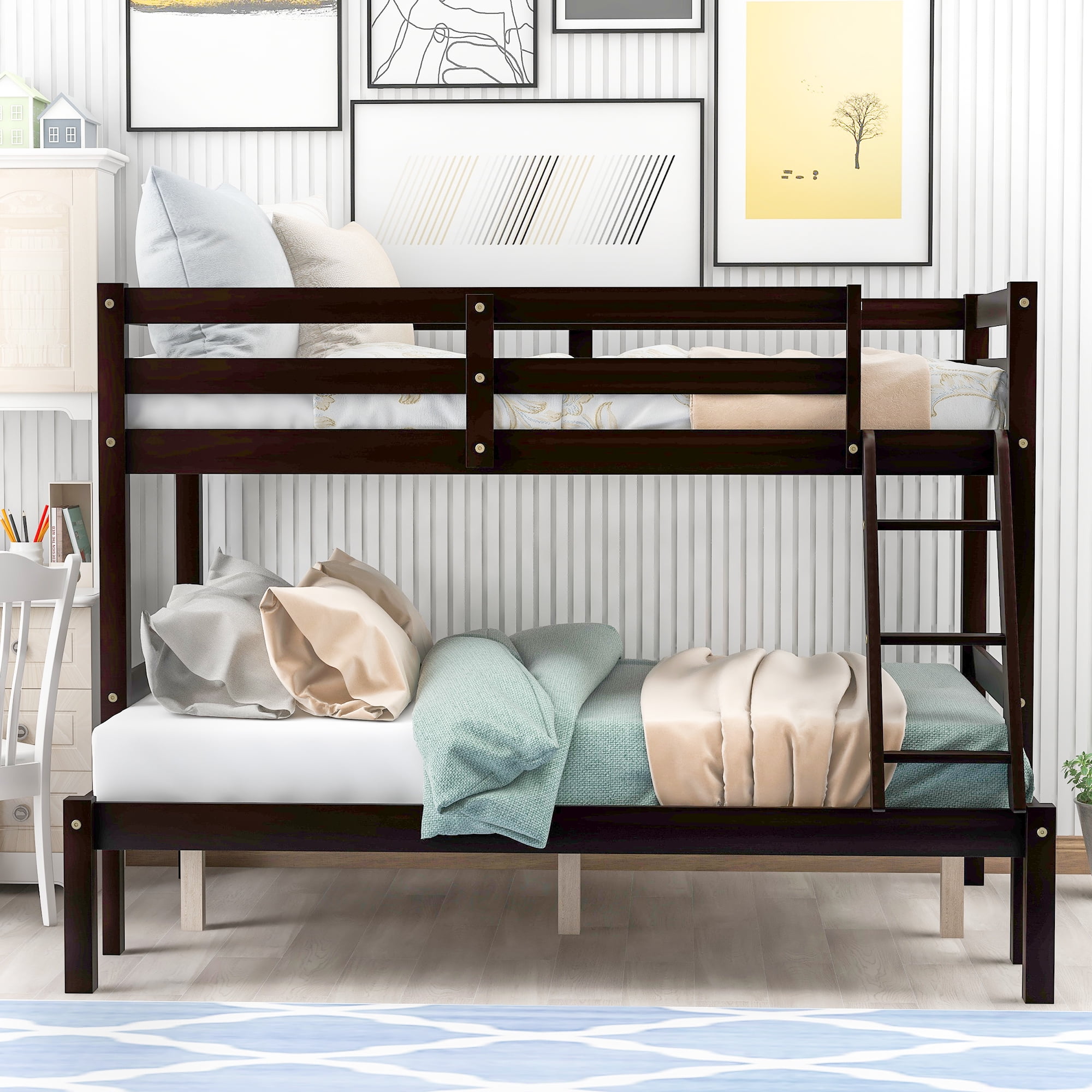 Solid Wood Twin-Over-Full Bunk Beds with Ladder, Espresso