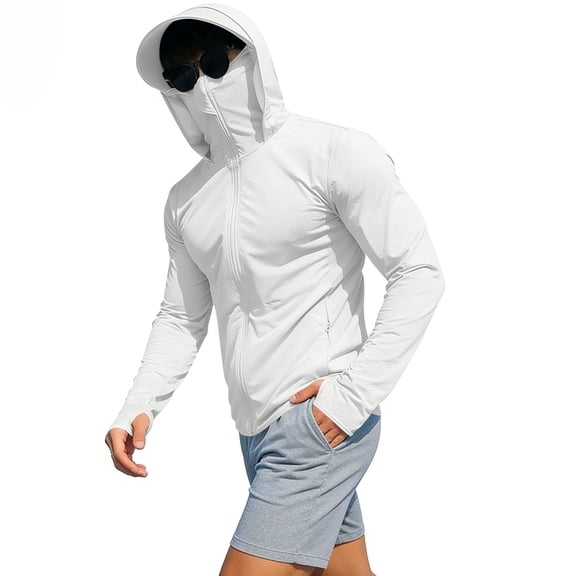 Cheytotty UV Sun Protective Jacket for Mens Full Coverage Hooded Quick Dry Outdoor Sun Shirt(White/XL)