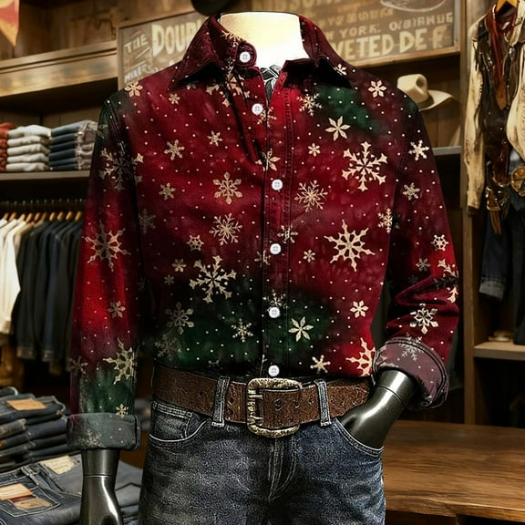 Tqyyweavej Christmas Shirts for Men Xmas Print Long Sleeve Lapel Shirts Party Dress Blouses Christmas Gifts for Men Size S to 3XL