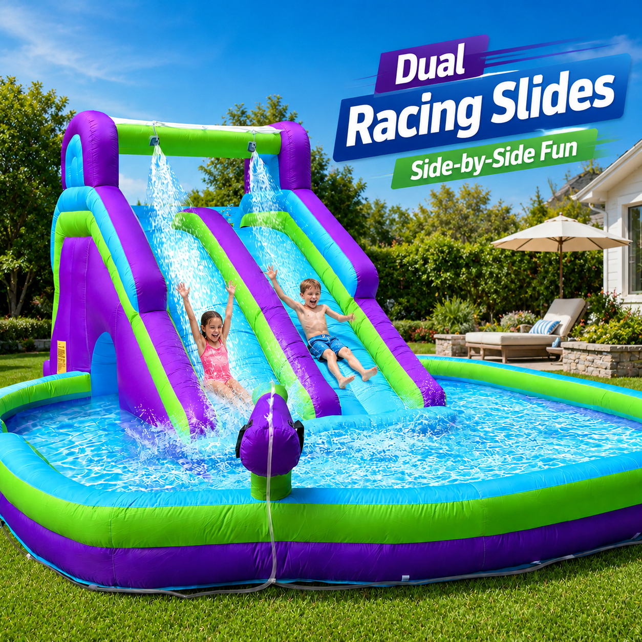 Inflatable Double Water Slide with Climbing Wall, Splash Pool & Blower Included, Oxford Backyard Water Park for Kids, Purple & Green