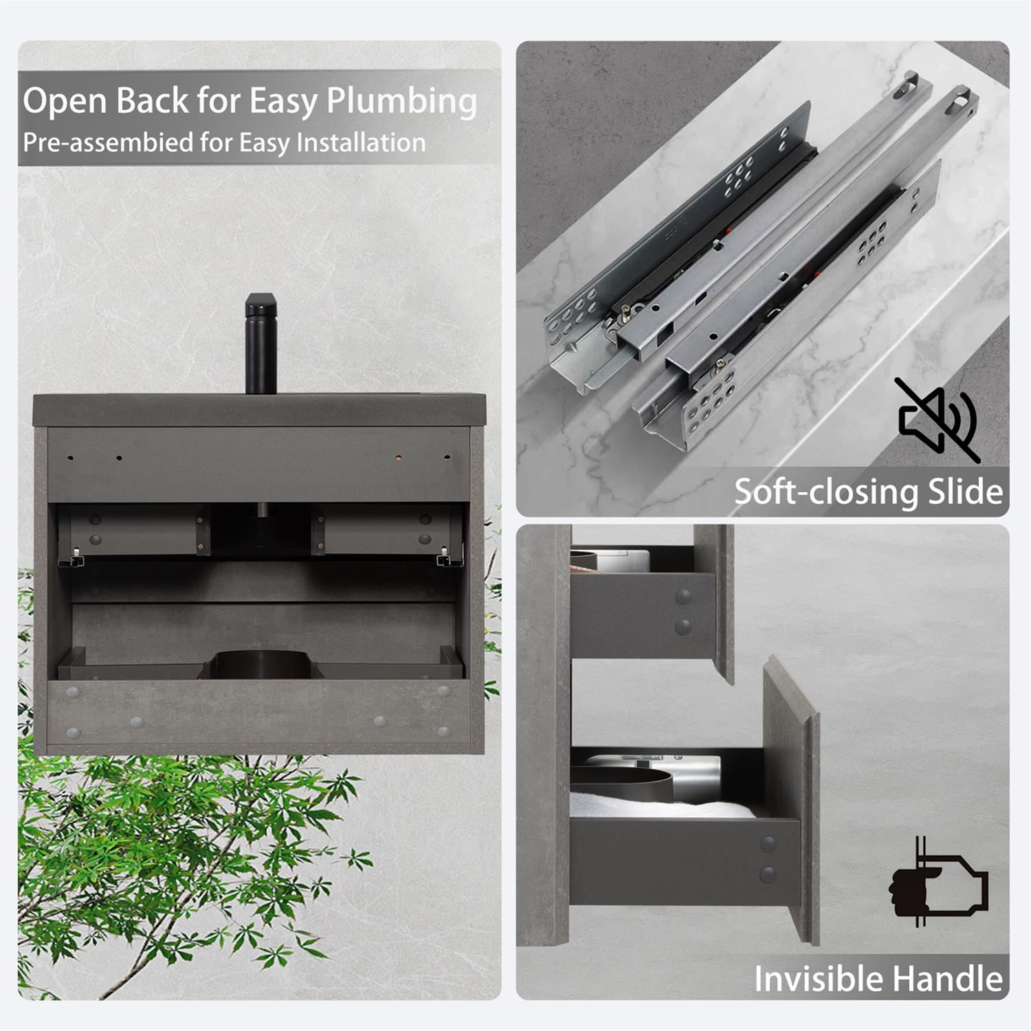 Demi Bonn 29" Floating Bathroom Vanity with Sink, Black Quartz Sand Top Basin and 2 Soft Close Drawers, Faucets and Drains Not Included, Gray