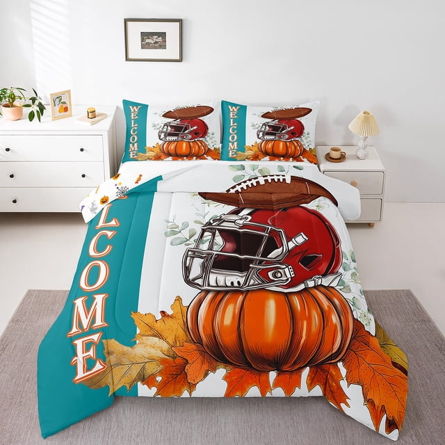 YST Ensemble de Douillette de Football, Ensemble de Literie « Happy Fall Y'all » Taille Simple pour Enfants Garçons Filles, Couette Réversible de l'Action de Grâce, Courtepointe Citrouille Érable avec 1 Taie d'Oreiller Chambre