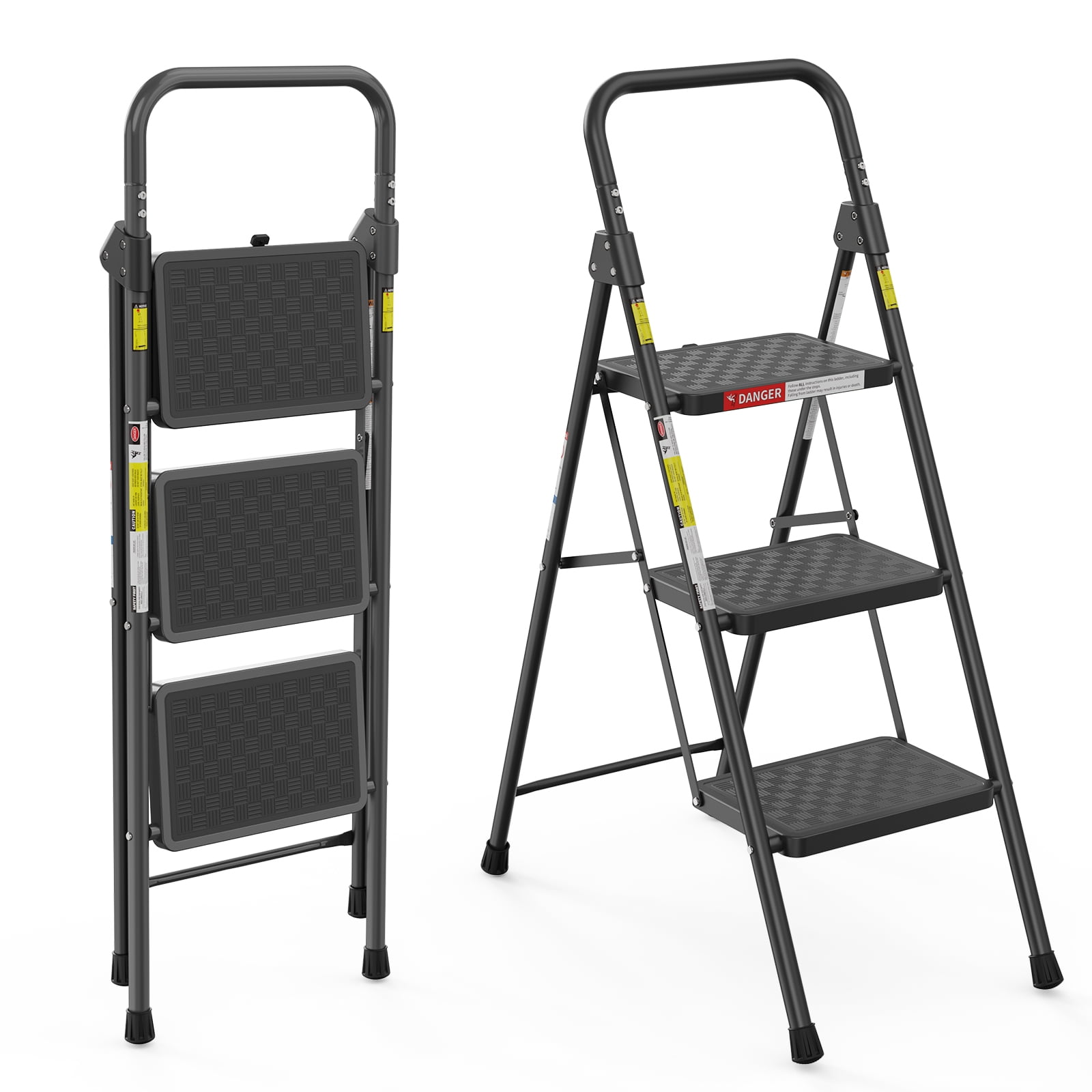 ASoopher 3 Step Ladder with Anti-Slip Pedal, Sturdy Steel Step Stool for Kitchen, Black