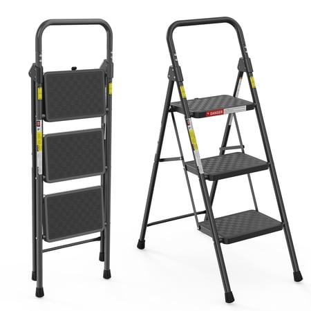 LevLad 3 Step Folding Ladder, Sturdy Steel Step Stool with Handrail & Auto Safety Lock, Ideal for Kitchen, Garage & Outdoor, Black