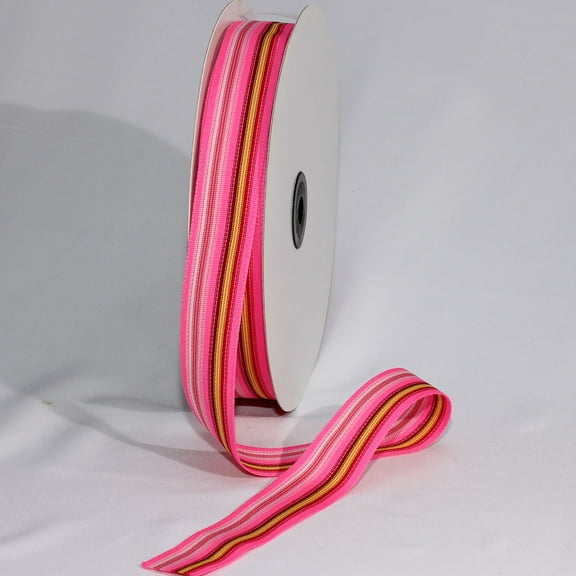 The Ribbon People Pink, Green and Yellow Striped Grosgrain Woven Craft Ribbon 1" x 55 Yards