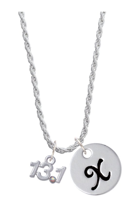 Silvertone Half Marathon - 13.1 with Clear AB Crystal Silvertone Script Initial Disc - X - Charm Necklace, 20"+3"