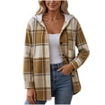 thumbnail image 2 of Bzdzmqm Womens Fall Winter Hooded Plaid Shacket Button Down Casual Loose Long Sleeve Oversized Coat for Women Trendy Outerwear with Pockets for Daily Wear, Khaki S, 2 of 5