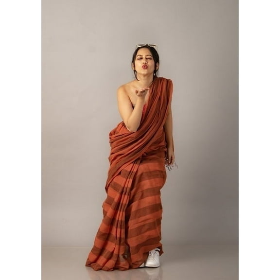 Beautiful Women's Peach & Brown Lining Cotton Blend Saree with Blouse Classic Georgette Traditional Ethnic Wear for Weddings, Parties and Brides