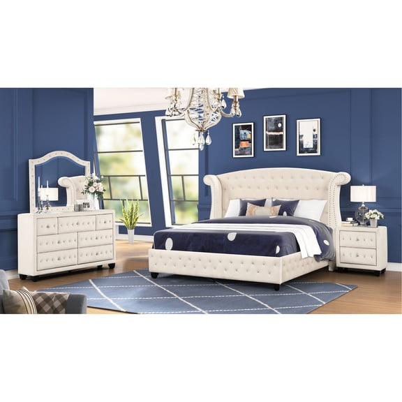 4-piece furniture set - Cream upholstered with wood base - Bedroom use - Enhances the comfort and style of the room