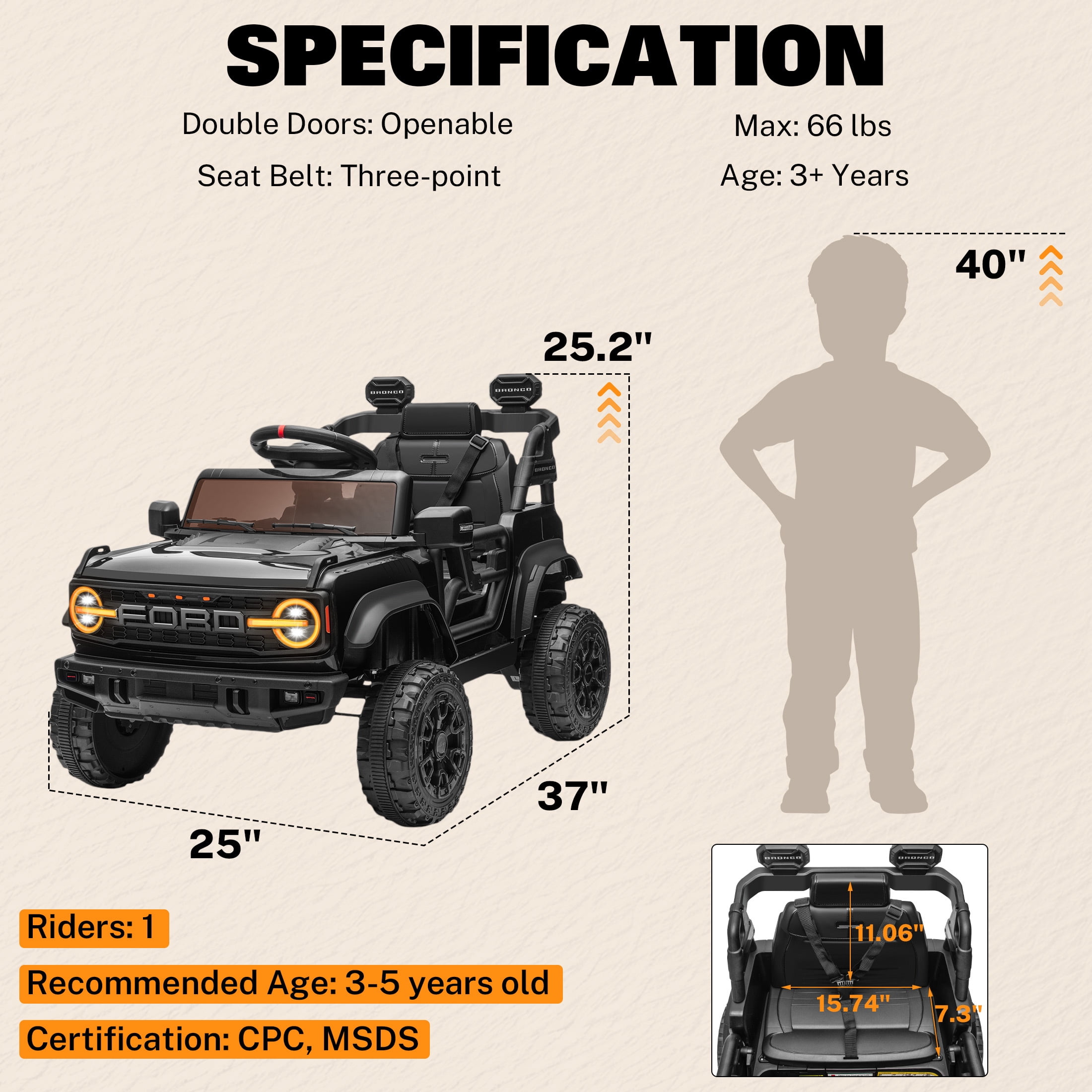 Conchico Licensed Ford Bronco Raptor 12V Kids Ride on Cars with Remote Control, Battery Powered Ride on Toys with All-Terrain Wheels, Toddler Electric Car with Music for Boys Girls 3-5, Black