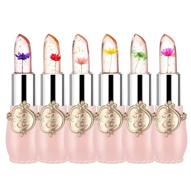 firstfly Paquete de 6 lápices labiales Crystal Flower Jelly, bálsamo labial nutritivo de larga duración, humectante para labios, brillo mágico que cambia de color con temperatura (rosa)