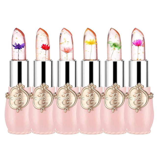 firstfly Paquete de 6 lápices labiales Crystal Flower Jelly, bálsamo labial nutritivo de larga duración, humectante para labios, brillo mágico que cambia de color con temperatura (rosa)