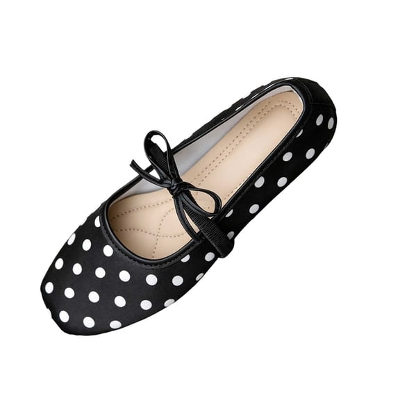 YgkuHd Slip-On Loafers for Women Retro Polka Dot Bowknot Square Toe Satin Shoes with Breathable Cotton Blend Upper, Trendy Plus Size Casual Footwear,Black_37