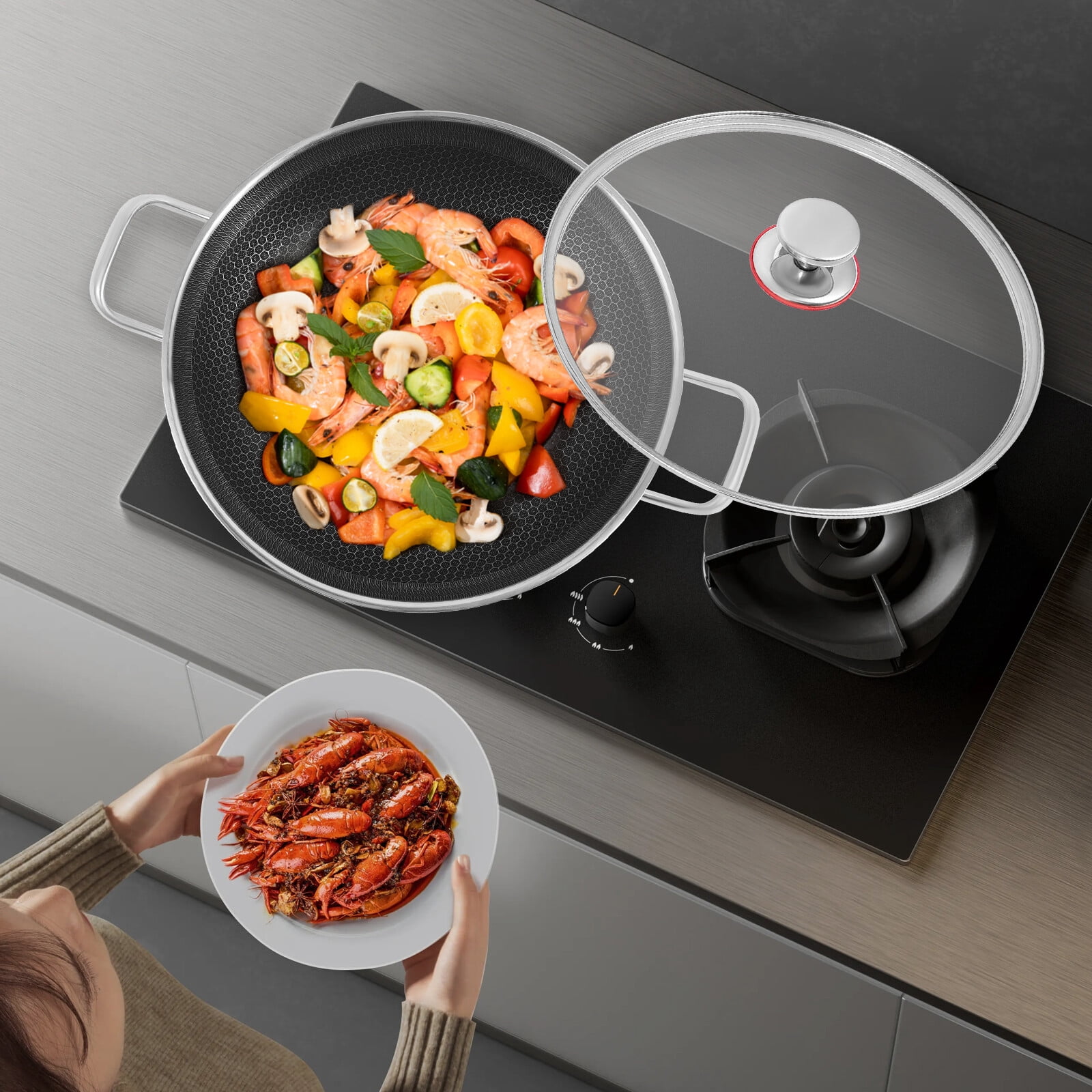 DENEST Stainless Steel Pan, Cooking Pan, Double-sided Honeycomb Frying Pan, Non-stick Pan with Lid Induction Cooker Gas Stove