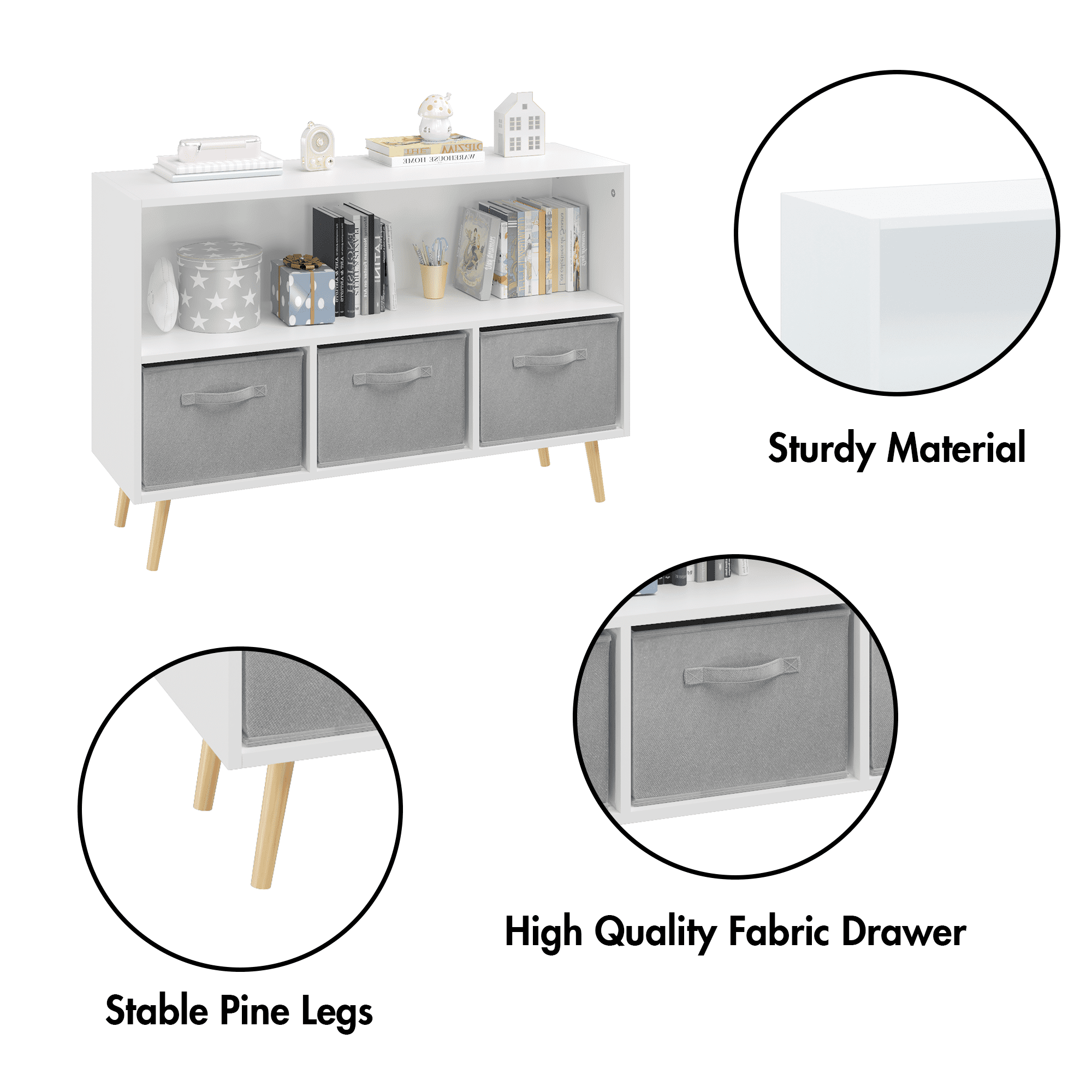 Yoneston Kids Bookcase with 3 Collapsible Fabric Drawers, Children's Toy Storage Organizer Book Display Cabinet for Playroom, Bedroom, White+Gray
