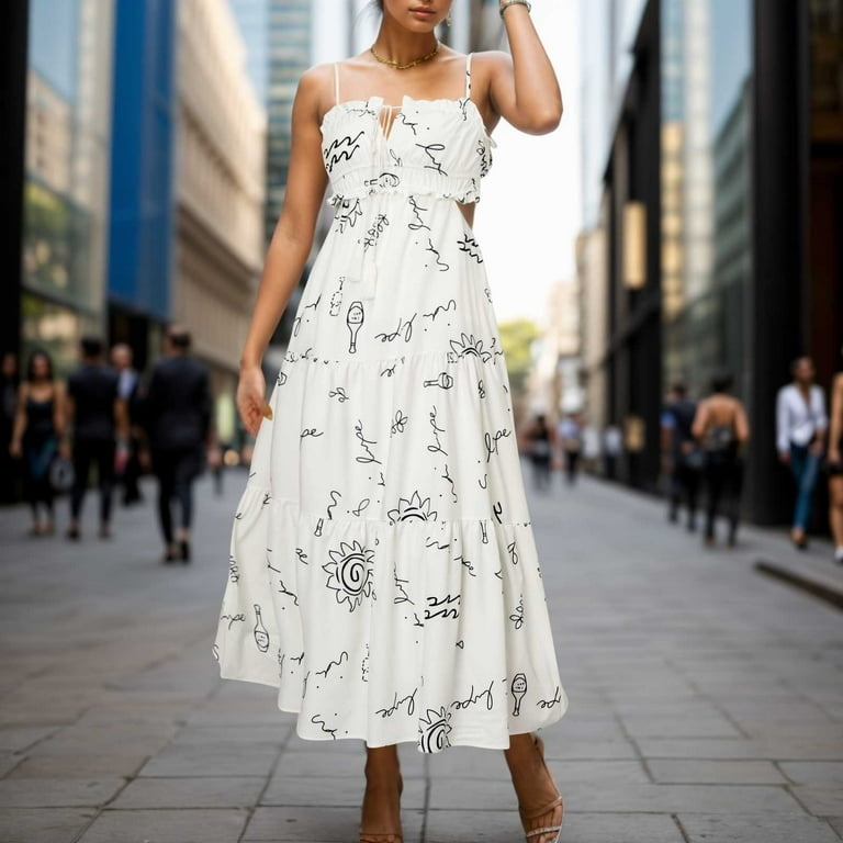 Flowy Dresses for Women Sexy Spaghetti Strap Backless Maxi Dresses Low Cut Sleeveless Dress Cutout Long Dress Boho Flowy Long Dress Tropical Beach