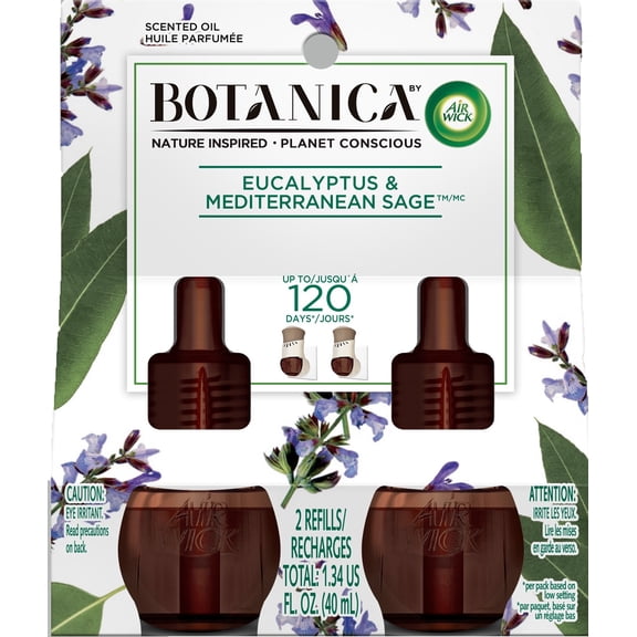 Botanica by Air Wick Plug in Scented Oil Refill, 2 ct, Eucalyptus and Sage, Natural Ingredients, Essential Oils, Air Freshener