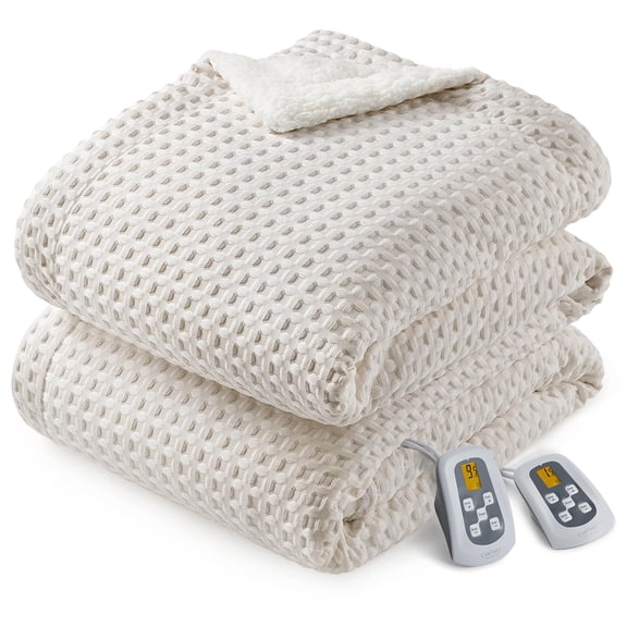 Waffle Heated Blanket, Fast Heating Electric Blanket with 6 Heat Levels & 4 Hour Auto Shut Off, Washable Warming Blanket, King 90"x 100" Beige