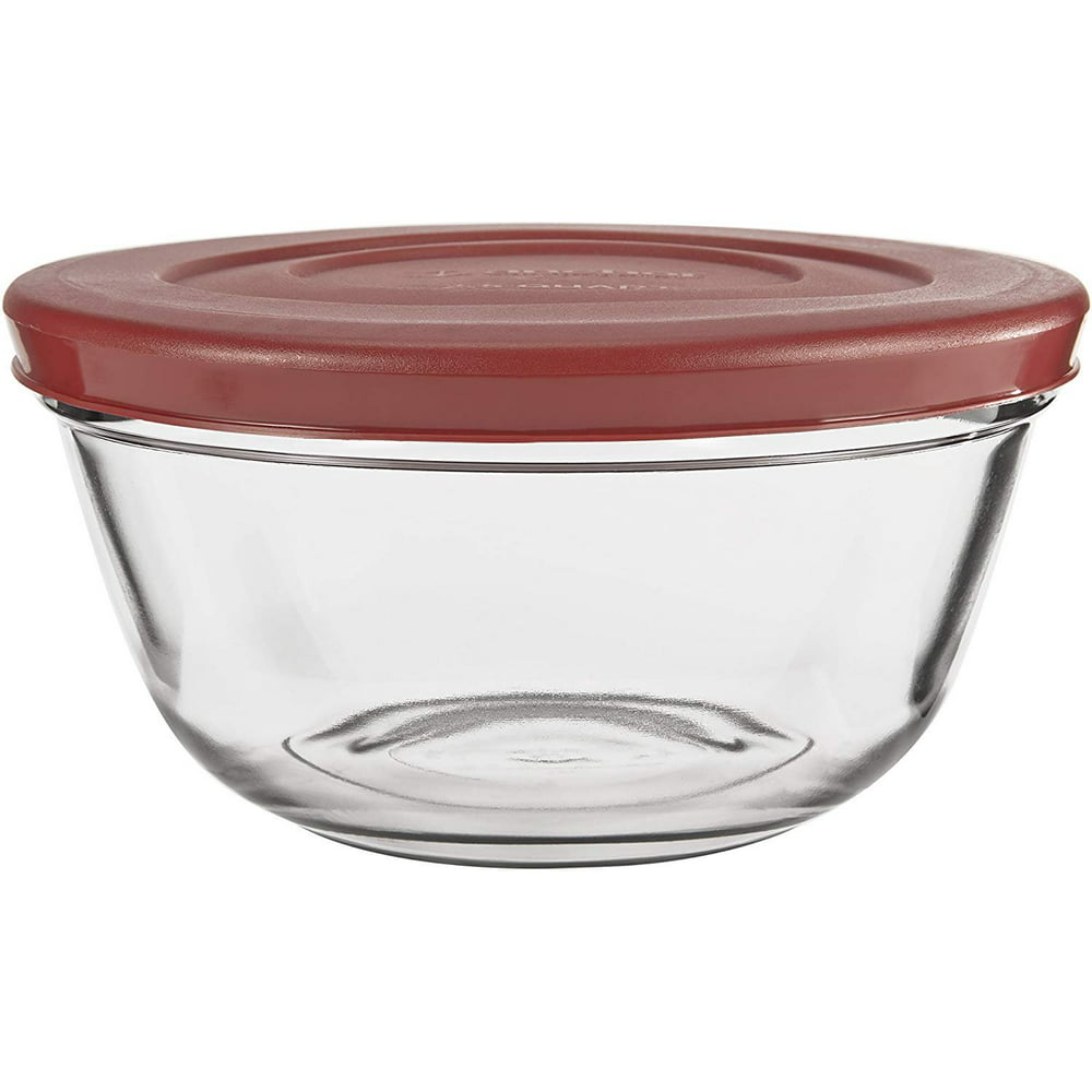 Anchor Hocking Glass Mixing Bowls with Lids, Cherry, 2.5 Quart (Set of