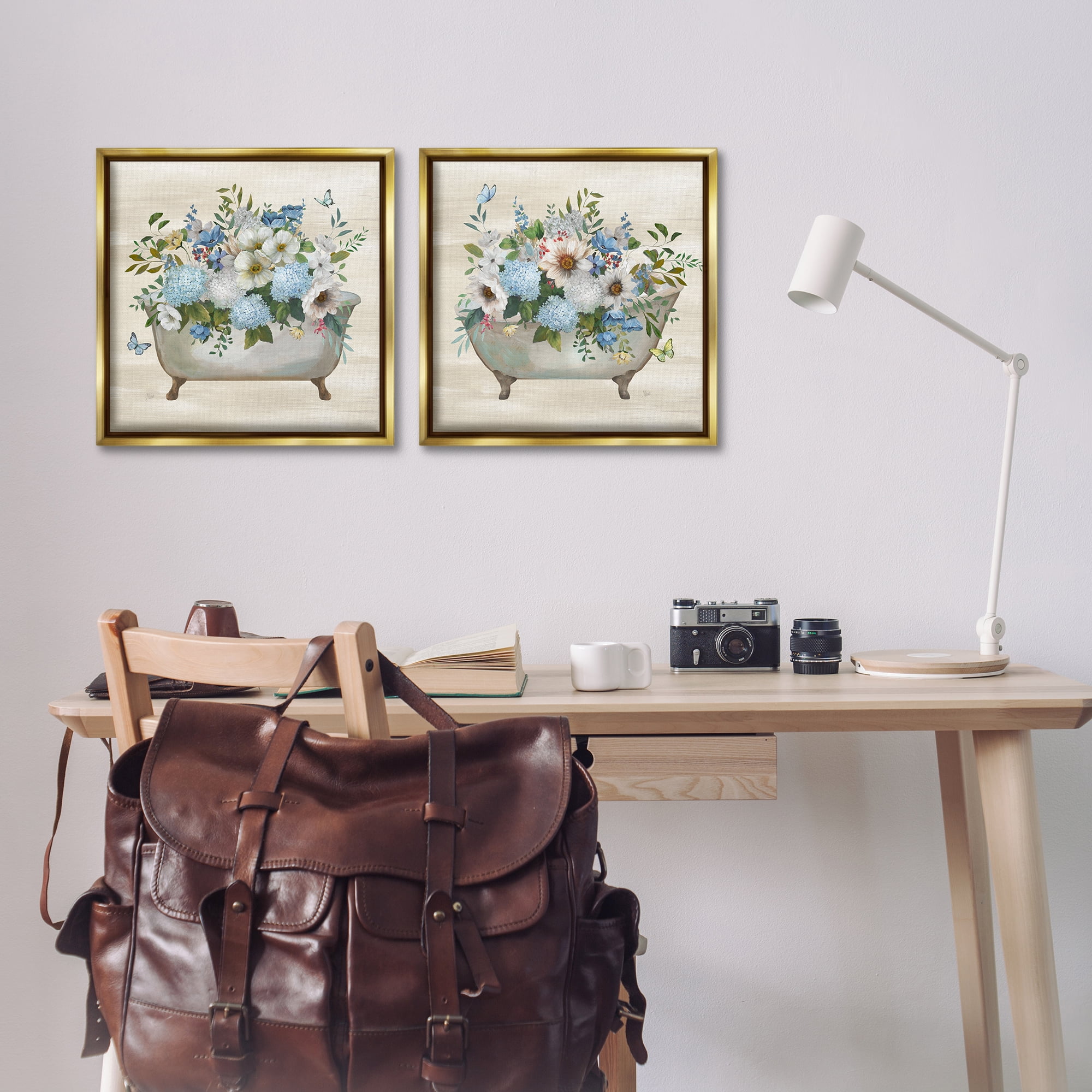 Stupell Industries Butterfly Hydrangea Bathtub Bath & Laundry Painting Gold Floater Framed Canvas Art Print Wall Art, 18 x 18, Set of 2