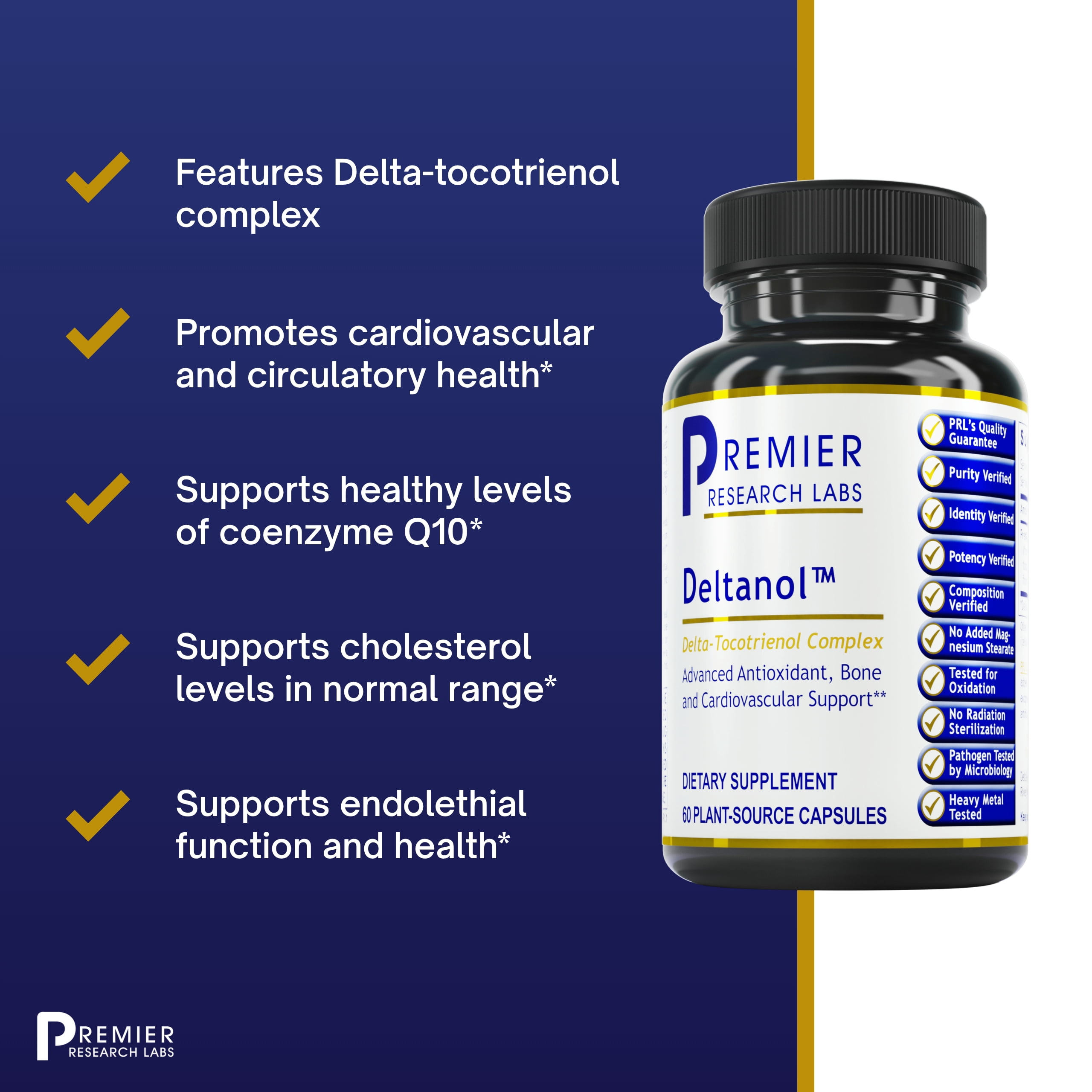 Premier Research Labs Deltanol - Antioxidant, Bone & Cardiovascular Support - Supports CoQ10 & Cholesterol - Delta-Tocotrienol Complex - No Added Stearates - 60 Plant-Source Capsules