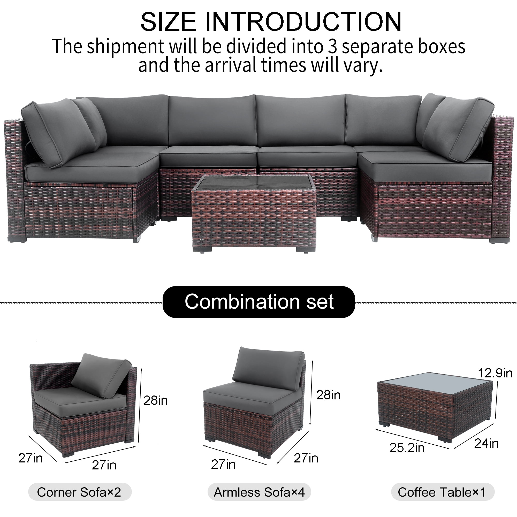 AstrPthylx 7-Piece Patio Sectional Set with Coffee Table, All-Weather Outdoor PE Rattan L-Shaped Sofa and Cushions for Garden, Backyard (Grey)