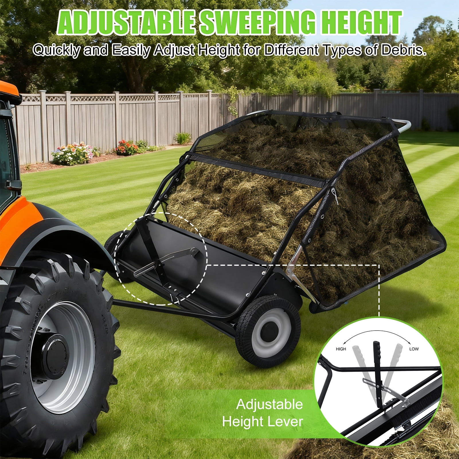 Yedigre Ride-On Tow Behind Yard Sweeper - 44” Wide Cleanup for Leaves, Grass Clippings & Debris, Easy-Dump Hopper