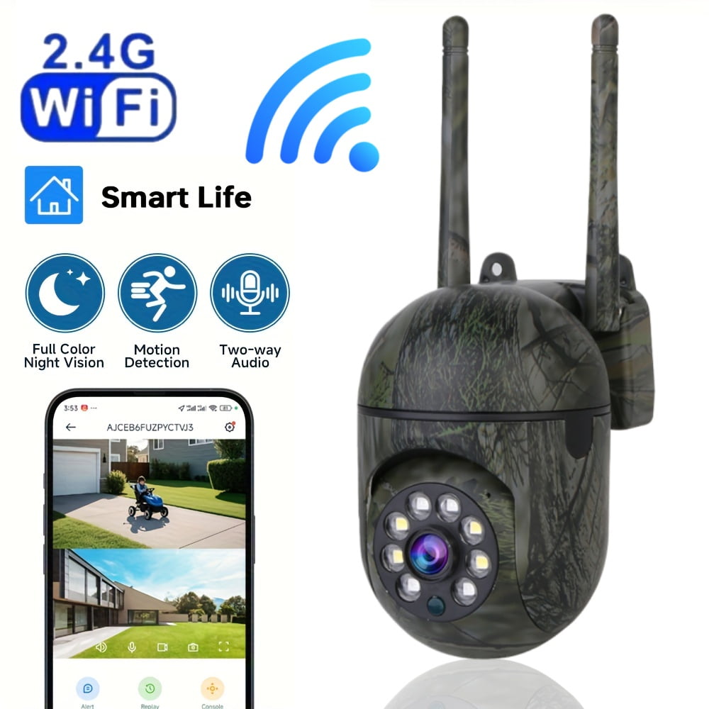 Outdoor Camouflage PTZ Security Camera, 1080P Full-Color Night Vision, Dual Antenna 2.4G WiFi, Motion Detection, Two-Way Audio, Waterproof Surveillance Camera.