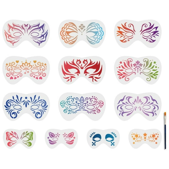 13 Pcs Face Painting Stencils Reusable Face Tattoo Stencils 4.7×7.9/3.3×5.5inch with Paint Brush Body Makeup Templates for Carnival Holiday Birthday Party Supply Black