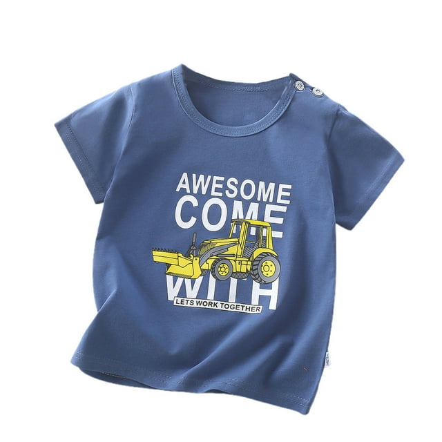 Zhuashum Hauts Garçon 4-5 Ans Filles Imprimés Dessin Animé Été Manches Courtes T-Shirts Col Rond Tee Basique Mode Combinaison Bleu