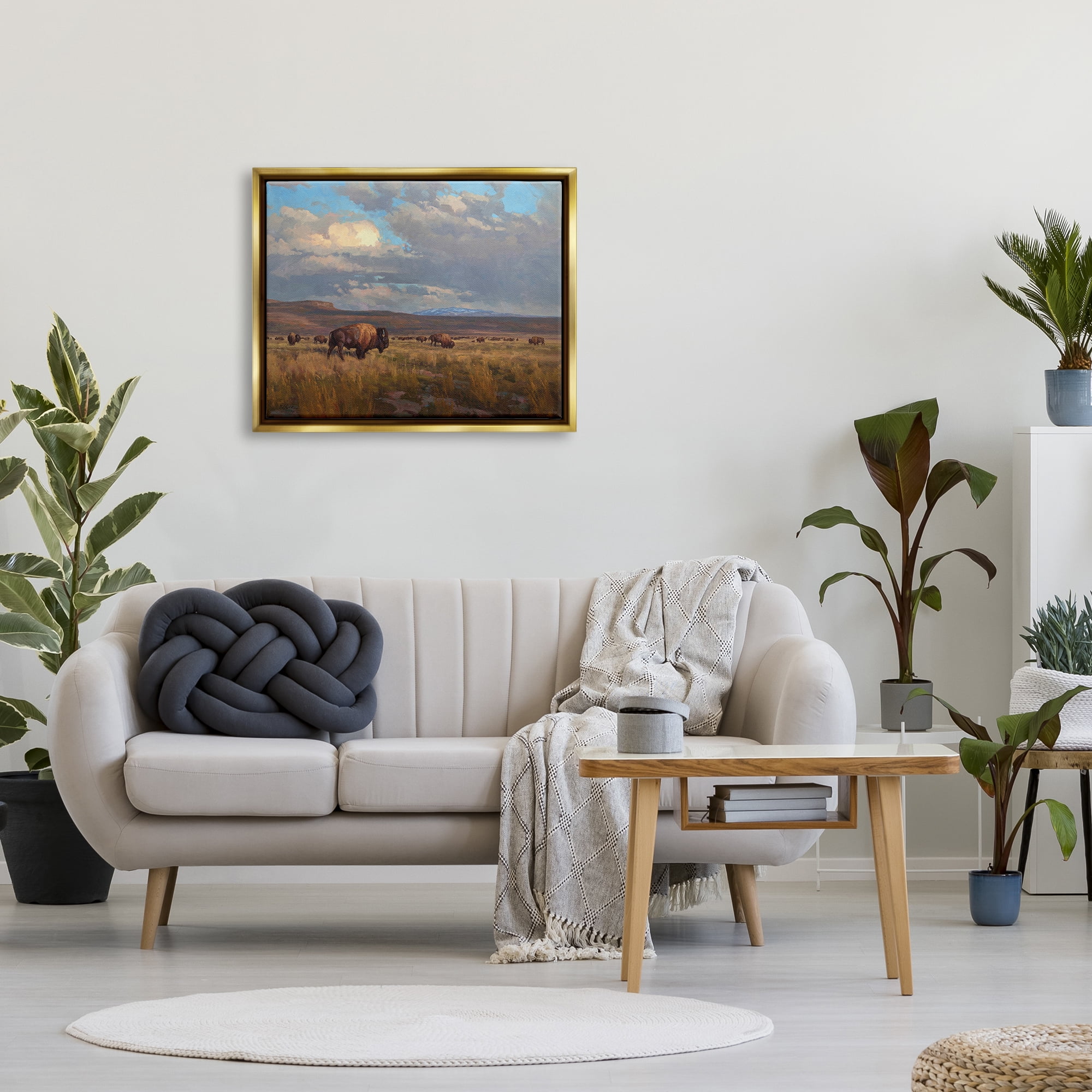 Stupell Industries Buffalo Cloudy Landscape Landscape Painting Gold Floater Framed Canvas Art Print Wall Art, 31 x 25