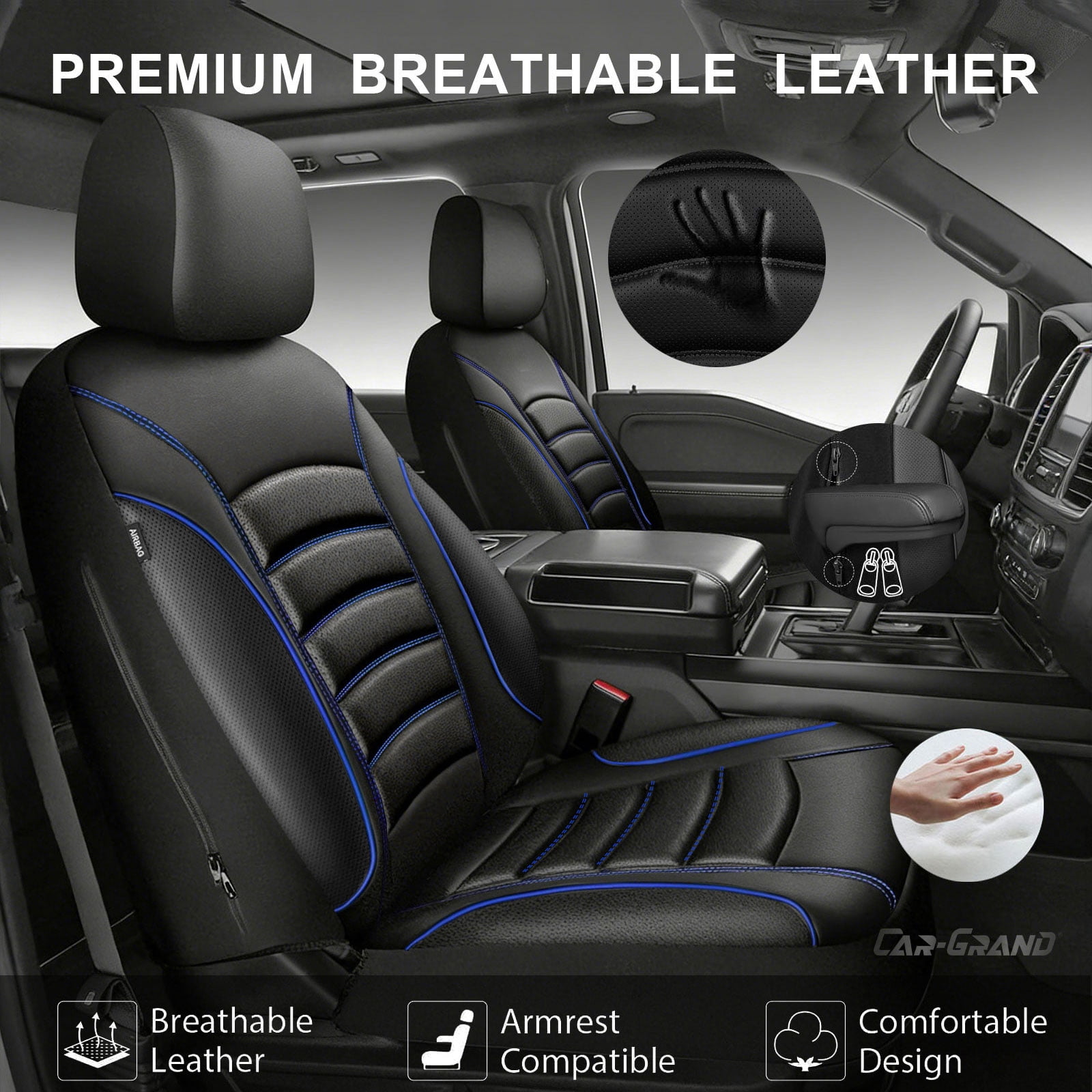 CAR GRAND PU Leather Car Seat Covers, Universal Fit Front Pair for Trucks SUV Sedan Automotive Seat Protectors Armrest Airbag Compatible Waterproof 3D Foam Comfortable Faux Nappa Leather Blue  Piping