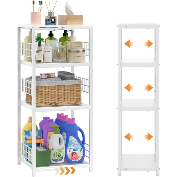4 Tier Expandable Slim Storage Shelf, Metal Shelving Unit for Bathroom Storage Organizer, Freestanding Narrow Shelf for Small Spaces, Open Floor Shelves for Bathroom, Laundry Room, Kitchen,White