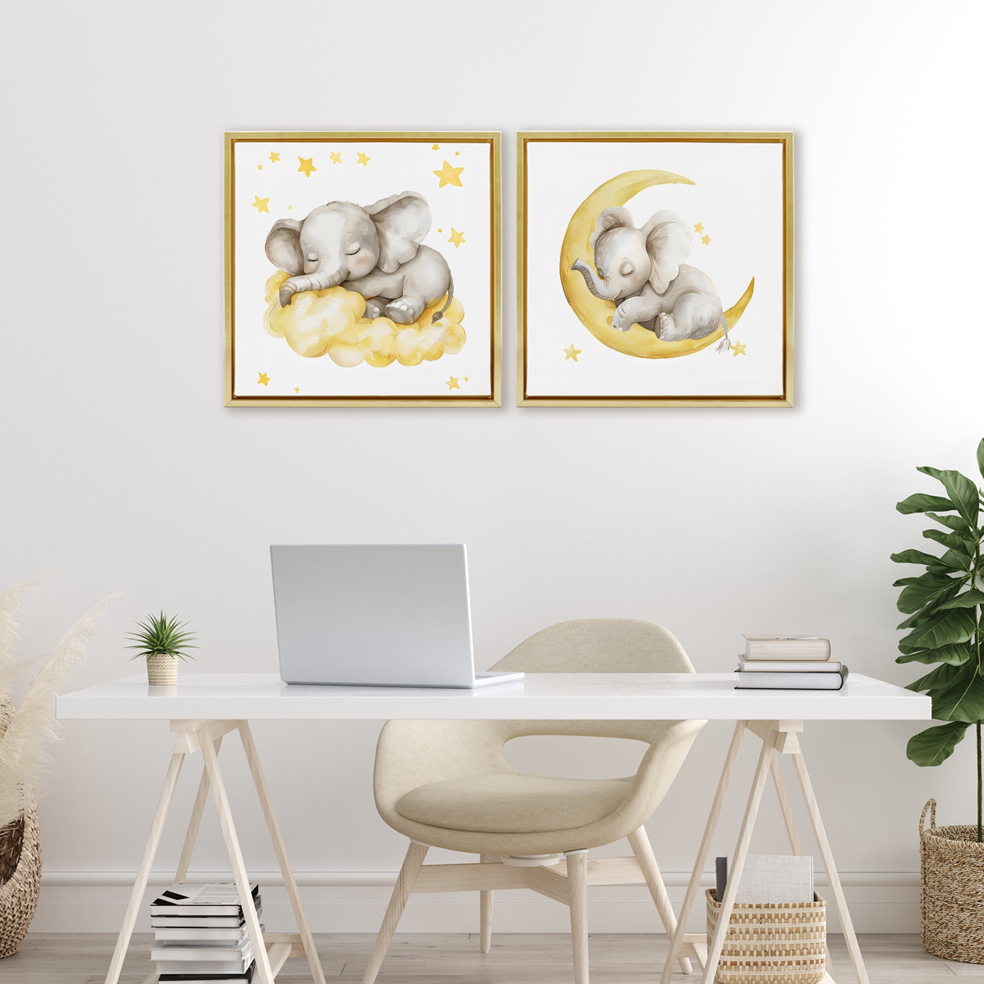 Stupell Industries Sleeping Elephant Moon and Clouds 2 Piece Gold Framed Floater Canvas Set, design by LSR Design Studio
