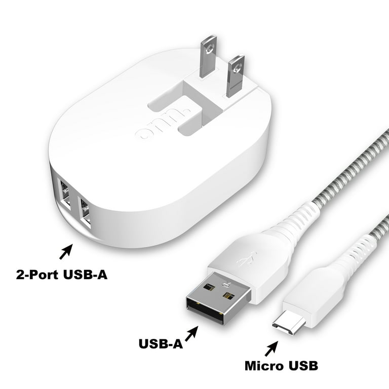 Onn. Dual-Port Wall Charging Kit with Micro-USB to USB Cable, White