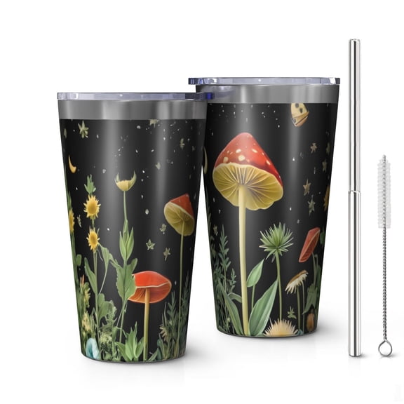 16oz Tumblers Red Mushroom Star Black Pattern Stainless Steel Vacuum Insulated Double Wall Travel Tumbler Cups Mug with Lid and Straw,Cleaning Brush for Coffee,Tea