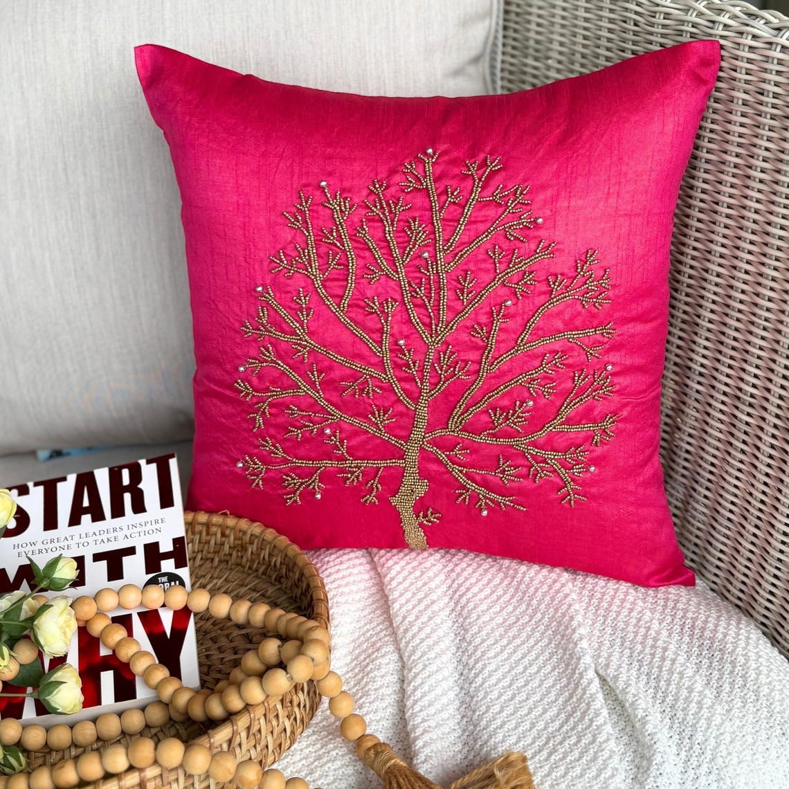 The HomeCentric Throw Pillow Cover Pink Pillow Cover Pack of 2 20x20 inch (50x50 cm) Luxury Fuchsia Pink Pillow Cover Beaded Tree Pillow Case Floral Throw Pillow Cover Square - Fuchsia Tree Of Life