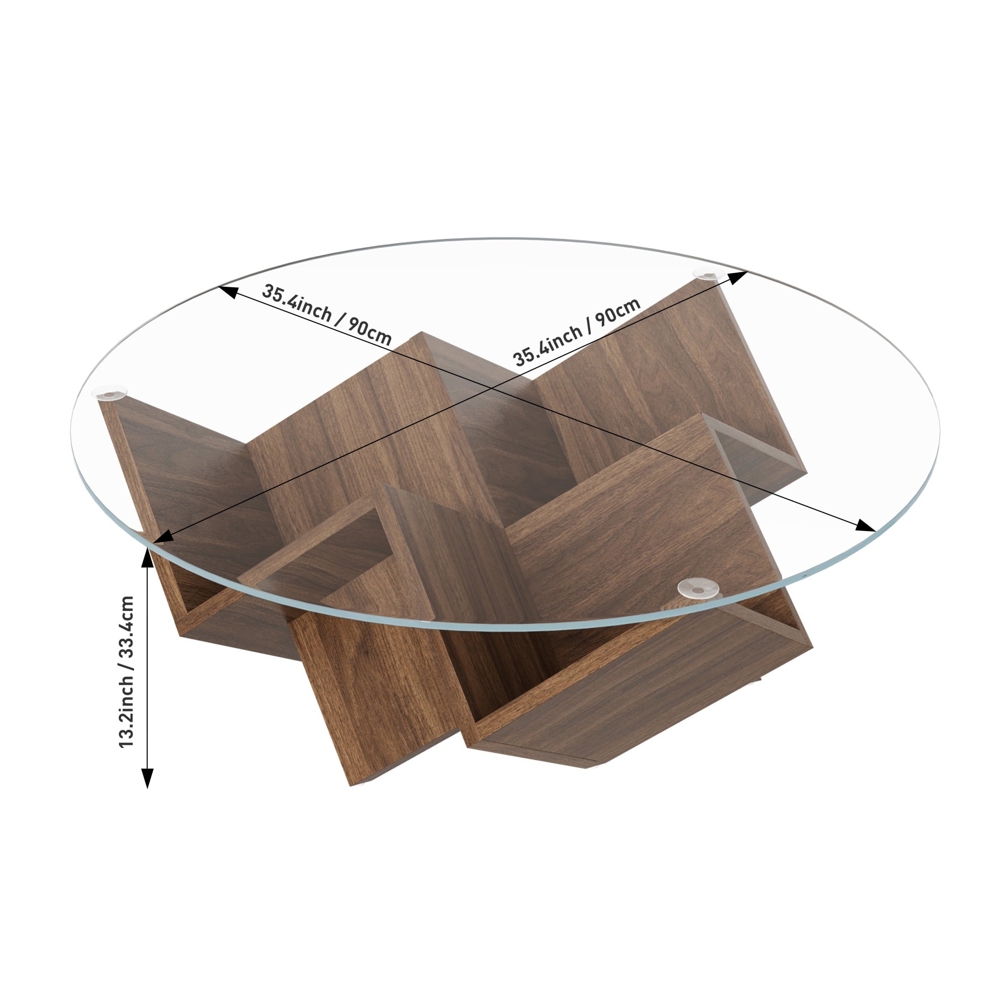 35.4-Inch Round Coffee Table with Tempered Glass Top and Geometric Art Deco Base, Storage Shelf Table and Center Table for Living Room, Walnut
