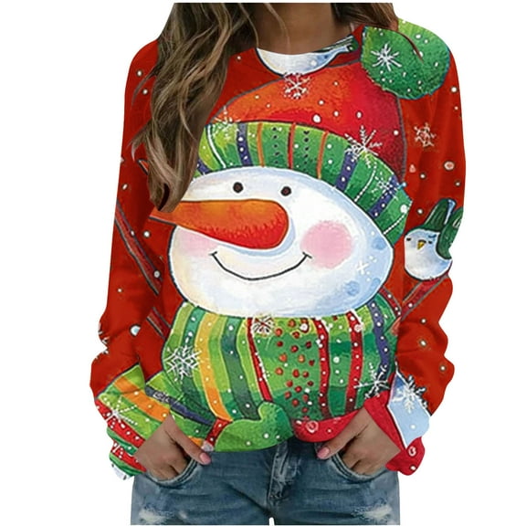 asdoklhq Christmas Ugly Christmas Sweater Women Christmas Fashion Casual Printed Round Neck Loose Long Sleeve Capless Sweatshirt Top Red S