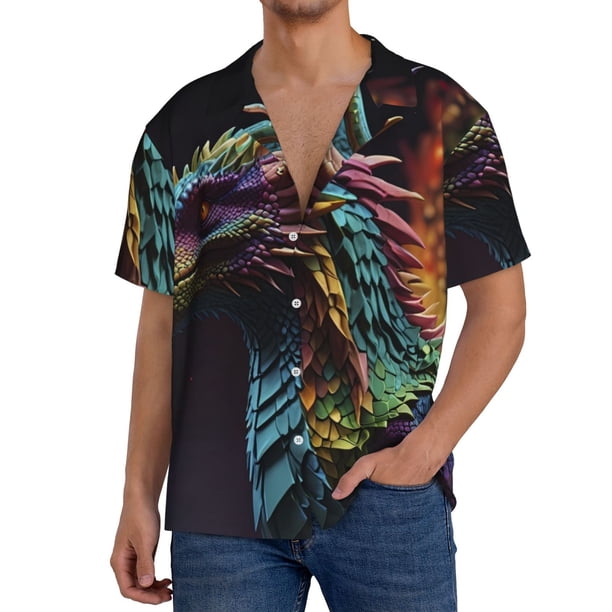Balery Dragon with Colorful Tail Camisa Casual de Manga Corta con Botones para Hombre, Texturizada, Estilo Cubano, para Playa, Verano-Small
