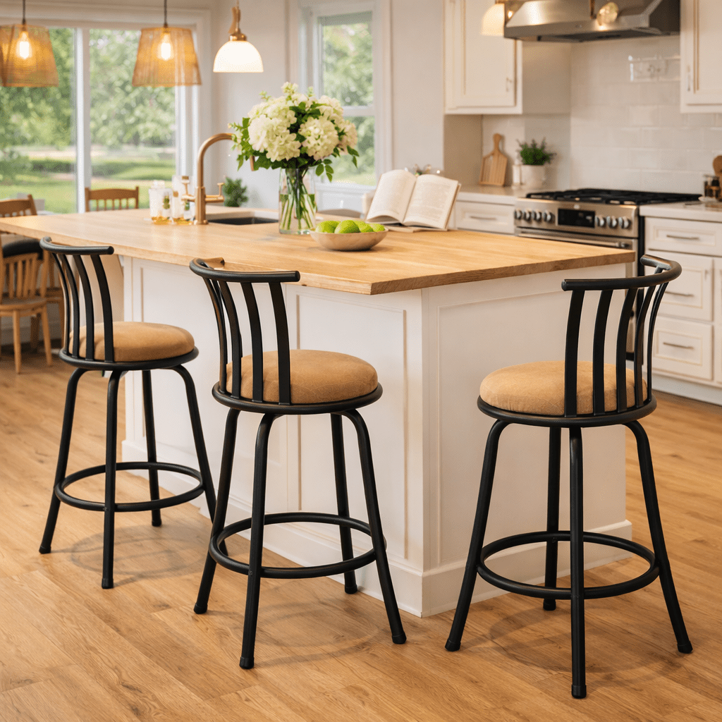 FurnitureR Modern Swivel Bar Stools Set of 3, 24" - 29" Adjustable Counter Height Chairs with Low Back and Sturdy Metal Frame, Brown Suede Seat for Kitchen Island, Dining Room and Home Bar