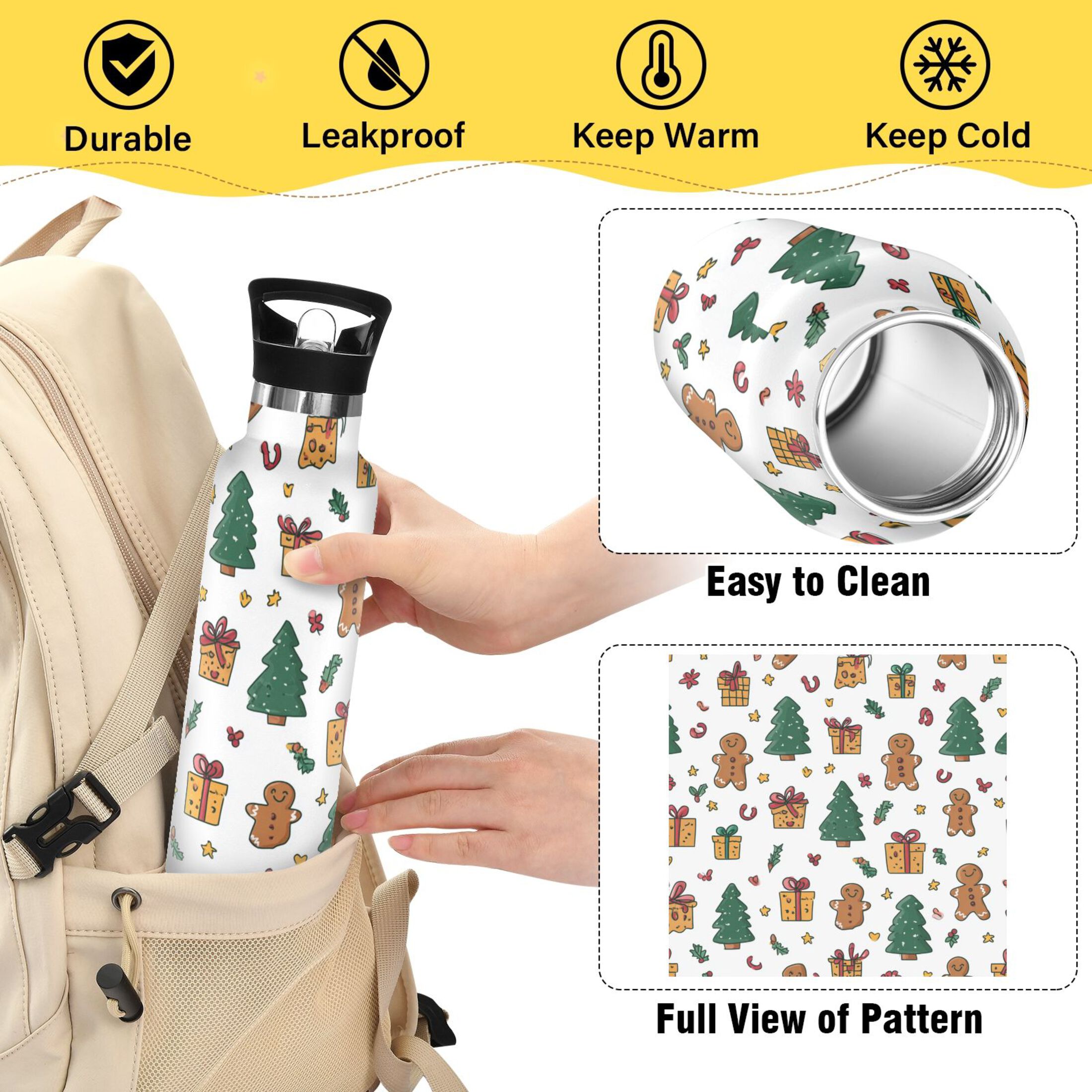 600ML Stainless Steel Insulated Cup Sports Water Bottle Portable Thermos Cup Water Glasses Insulated Tumblers Convenient and Durable Warm Christmas Pattern