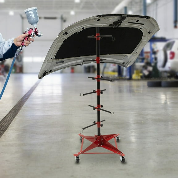 Adjustable Panel Tree Paint Stand with 220 lbs Capacity – Durable Auto Repair Tool with 6 Hooks and Universal Wheels for Car Parts Painting