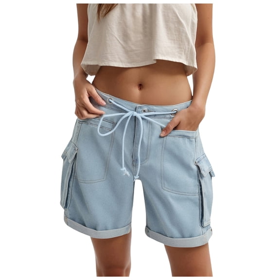 vigerkar Women Y2k Baggy Bermuda Denim Shorts Drawstring Wide Leg Straight Long Jeans Shorts Vintage Knee Length Denim Jorts (Light Blue, S)