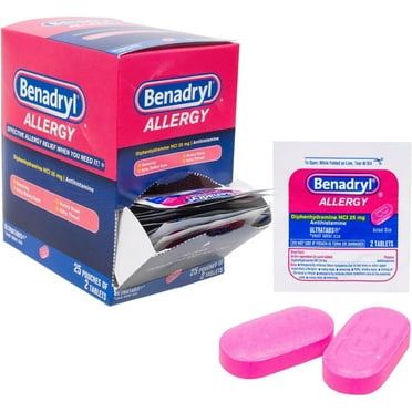 Benadryl Ultratabs Antihistamine Allergy Relief Medicine, 25 mg Diphenhydramine HCl Tablets for Relief of Cold & Allergy Symptoms 25 Packets 2 Tablets Per Packet 50 Tablet Count